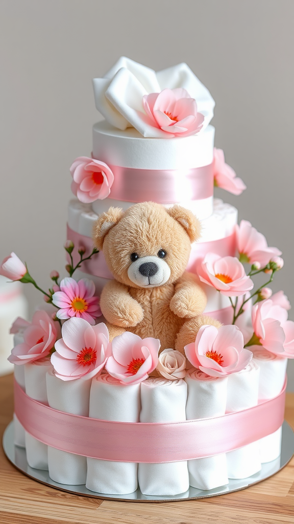A pastel teddy bear diaper tower with rolled diapers, a teddy bear, and pink flowers.