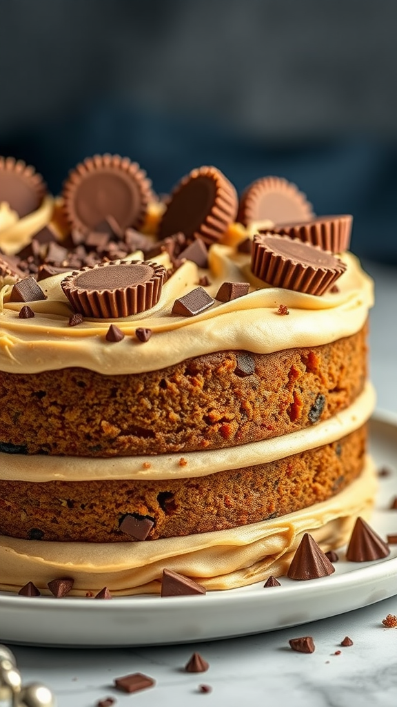A decadent peanut butter cup cake with layers topped with peanut butter cups and chocolate pieces