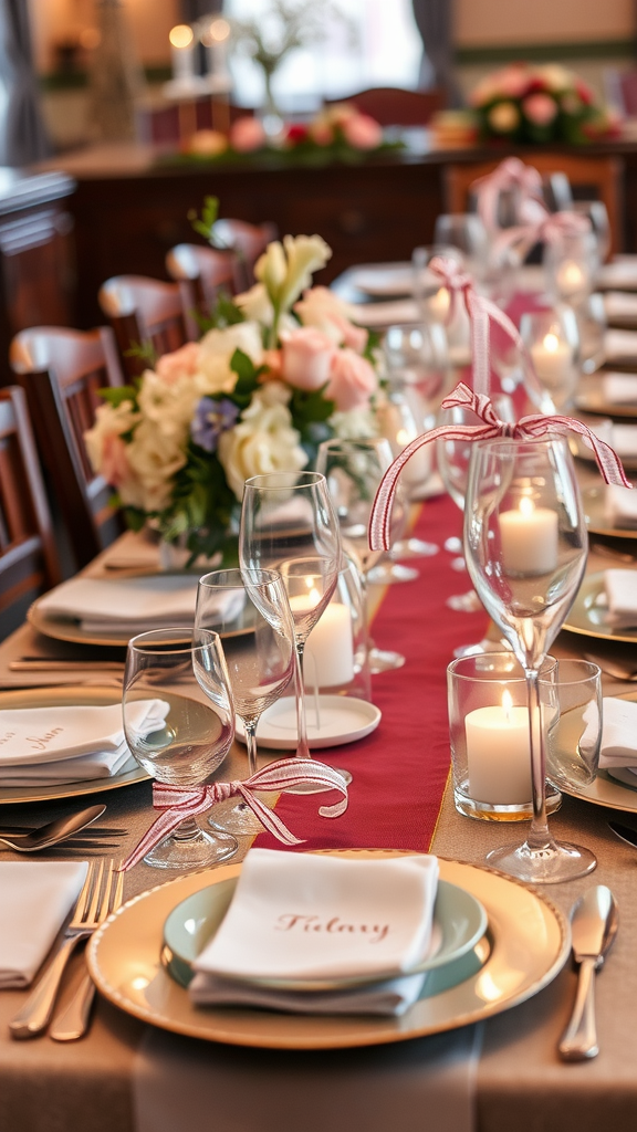 A beautifully set dining table with personalized gifts, flowers, and candles for a festive gathering.