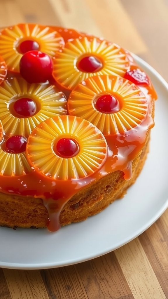 A delicious pineapple upside down cake topped with pineapple rings and cherries on a white plate.