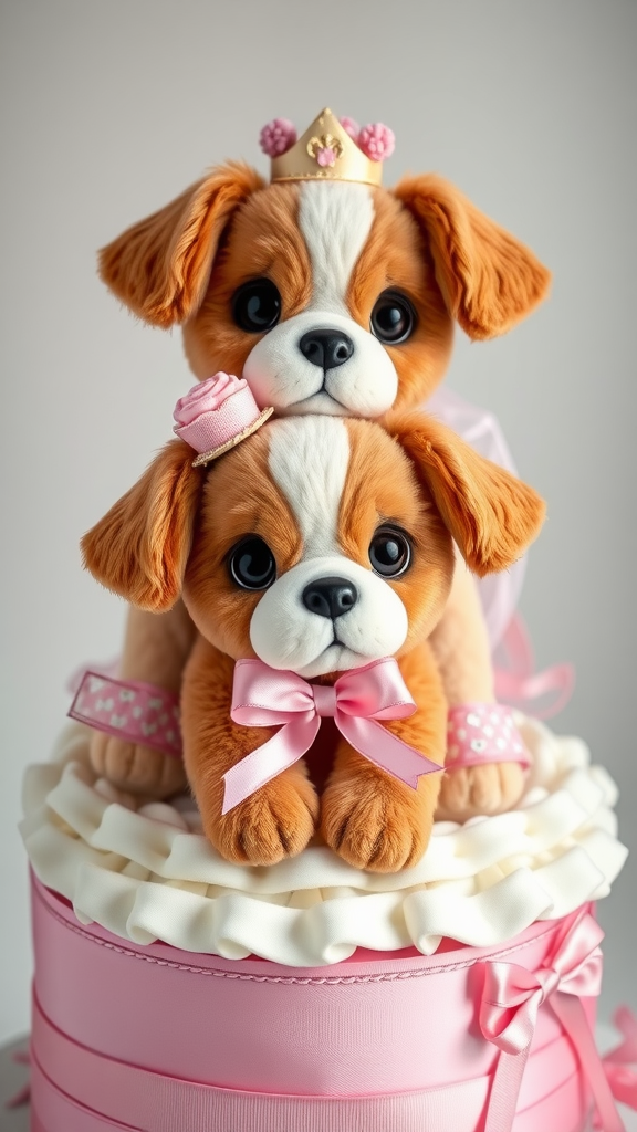 A cute diaper cake featuring plush puppies in crowns, decorated with pink ribbons and accents.