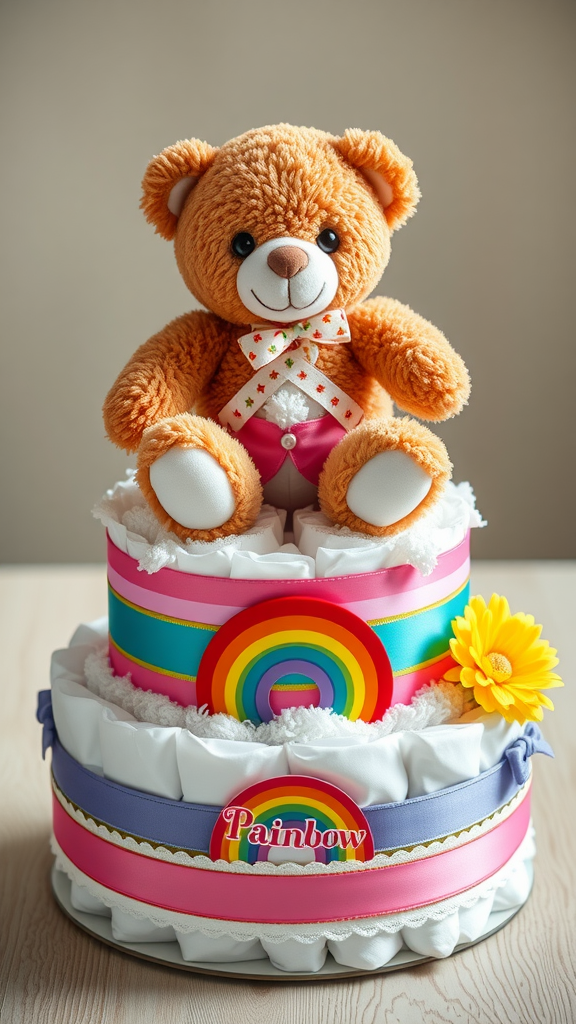 A colorful diaper cake topped with a teddy bear, featuring vibrant ribbons and rainbow decorations.