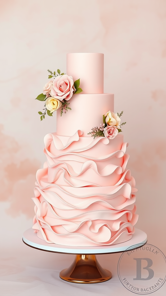 A beautiful three-tier cake with blush pink ruffles and roses on a gold stand.