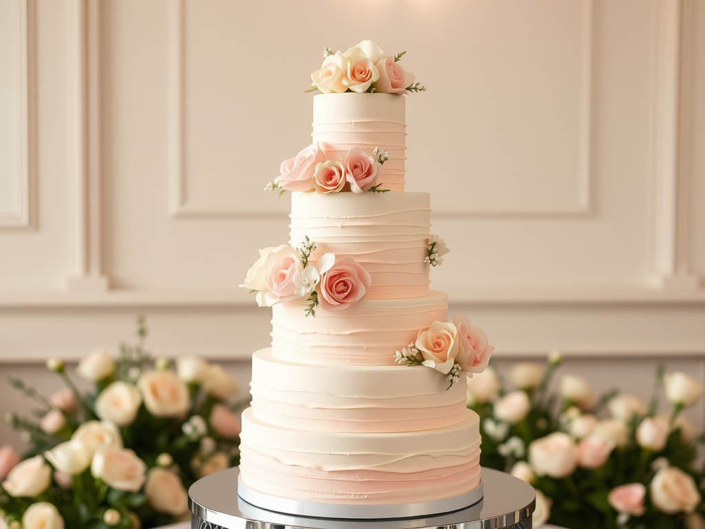 A beautiful blush pink tiered cake adorned with roses, set against a soft floral background.