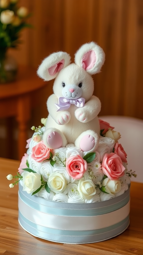 A cute bunny diaper cake decorated with pink and white roses