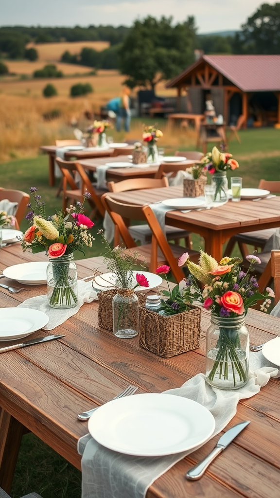 A rustic outdoor table setup with fresh flowers and white plates, perfect for a Mother’s Day tea party.