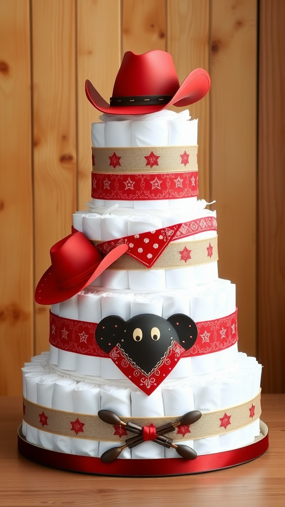 A tiered cowboy diaper cake decorated with red bandanas, a cowboy hat, and a cute face.