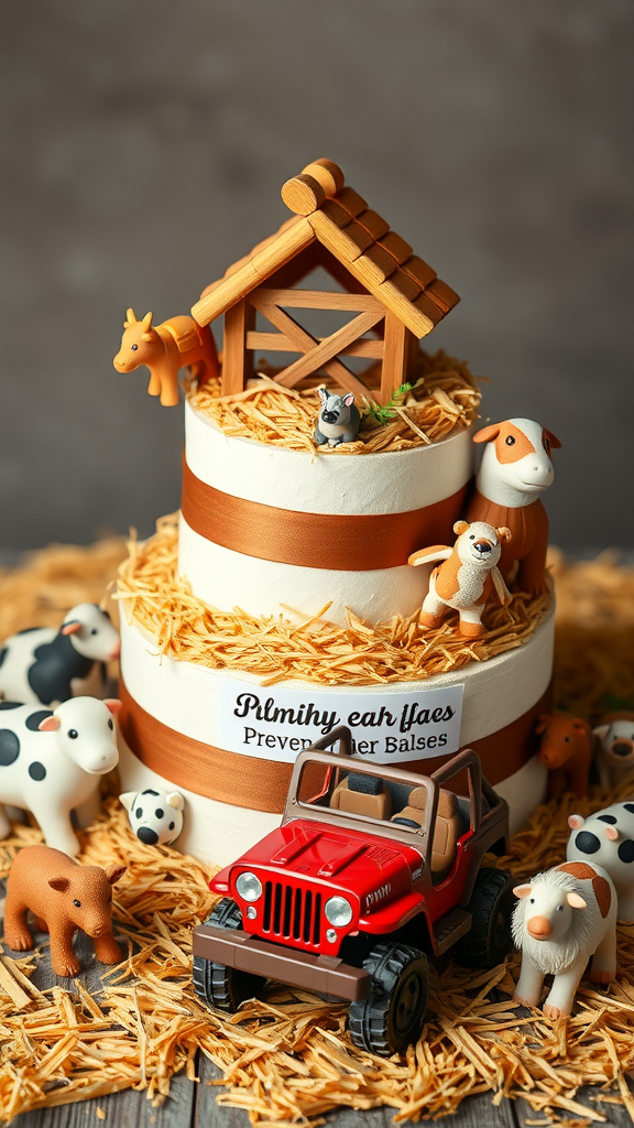 15 Creative Jeep-themed diaper cakes for Jeep Lovers A diaper cake designed as a rustic farm with a toy jeep and farm animal figurines.