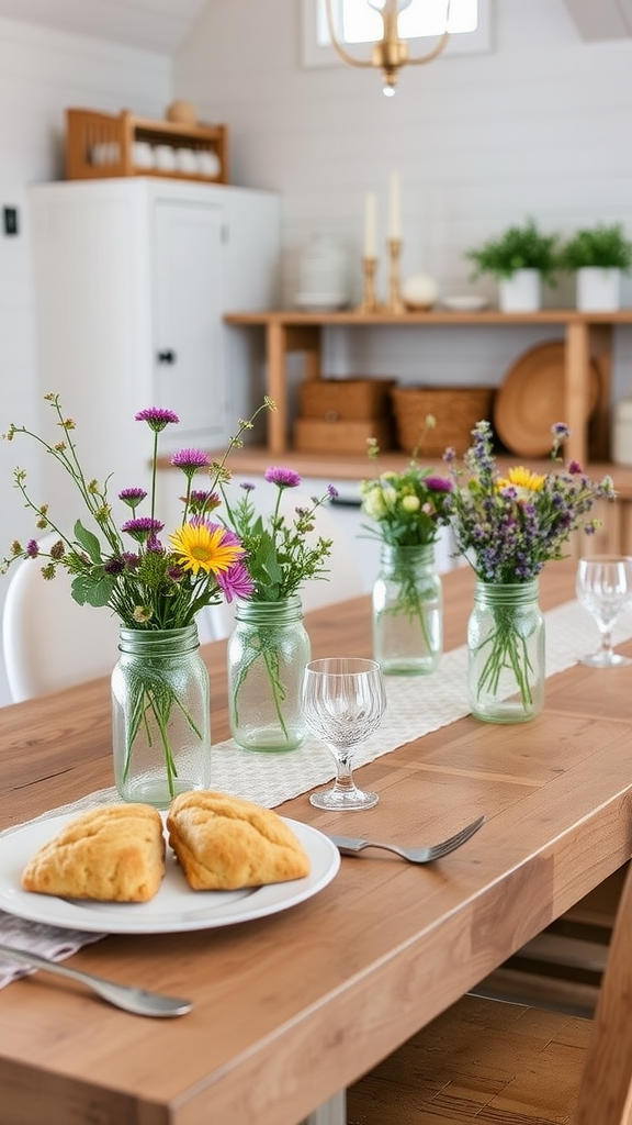 A rustic farmhouse table set for a tea party with flowers in mason jars and scones on a plate.