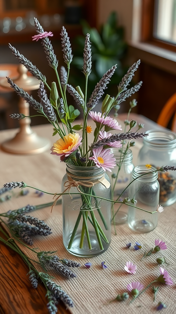Rustic lavender and wildflower centerpieces in glass jars