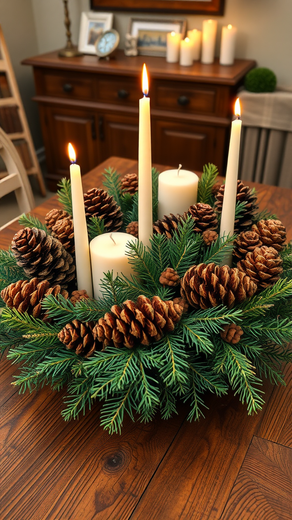 A rustic woodland centerpiece featuring pinecones, greenery, and white candles on a wooden table.