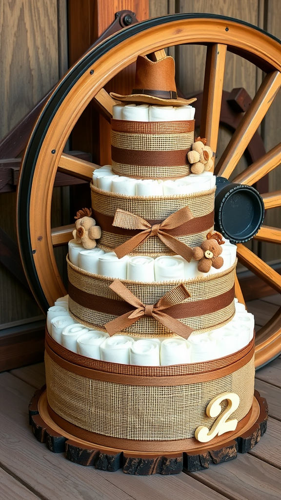 A diaper cake styled with cowboy theme elements next to a rustic wooden wagon wheel.