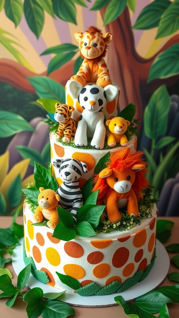 A colorful safari animal diaper cake decorated with plush animals and greenery.