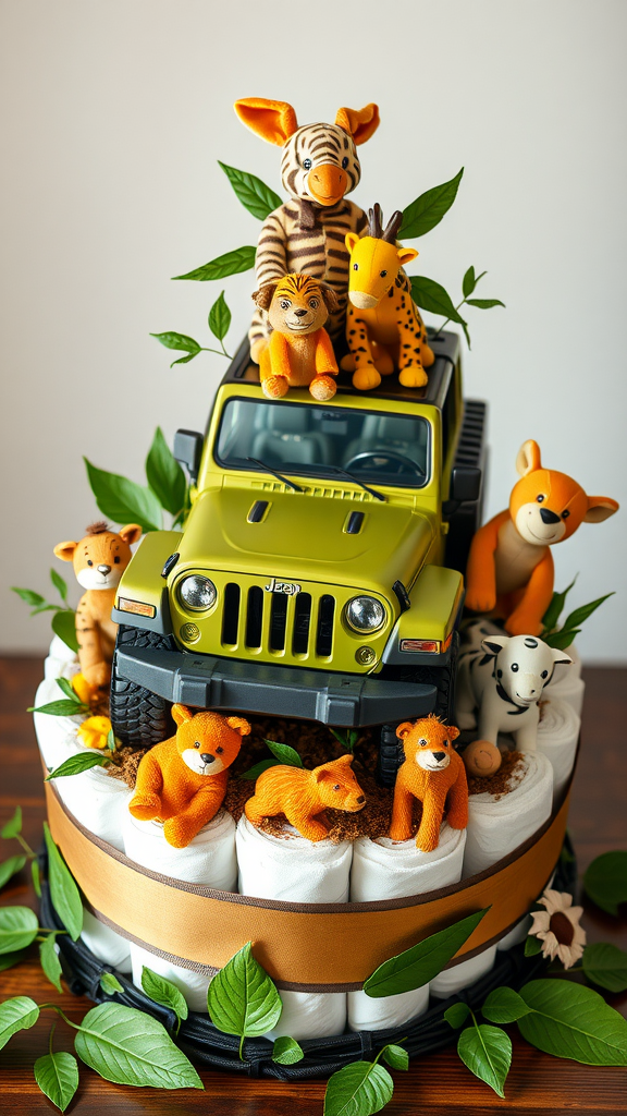 15 Creative Jeep-themed diaper cakes for Jeep Lovers A colorful diaper cake designed as a jeep, topped with stuffed animals and adorned with greenery.