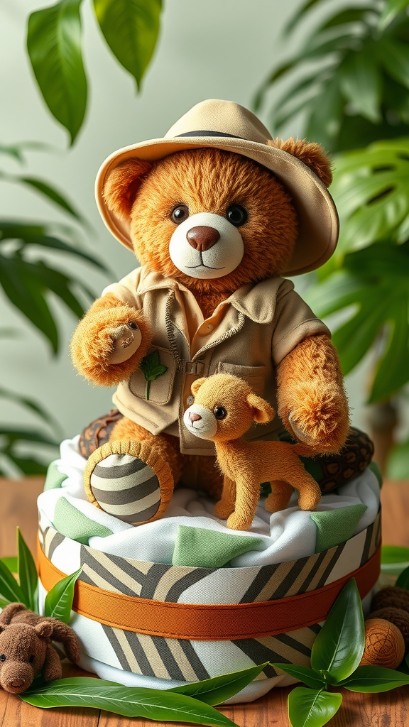 A teddy bear in safari outfit with a plush lion cub, sitting on a diaper cake surrounded by greenery.