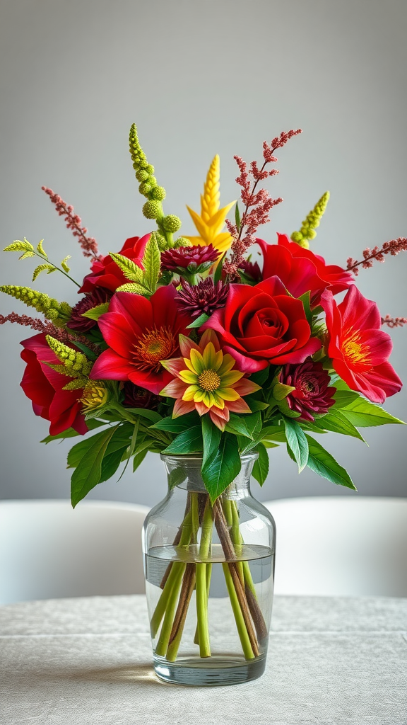 A vibrant floral arrangement featuring red roses, yellow blooms, and lush greenery in a clear vase.