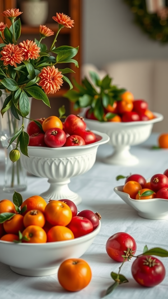 A dining table decorated with colorful fruits and flowers, creating a festive atmosphere.