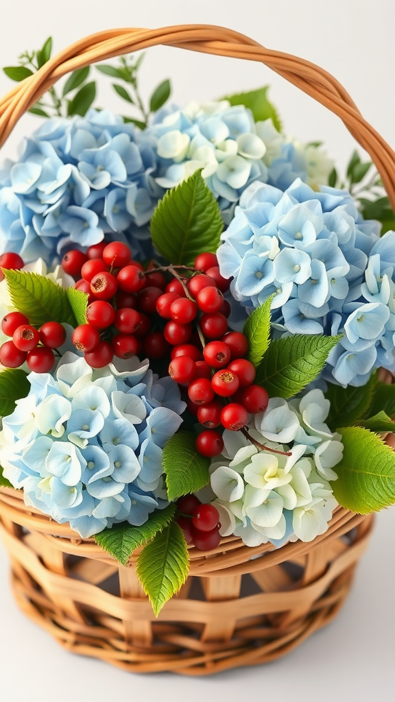 20 Stunning Hydrangea Bouquets for Every Occasion A basket filled with blue and white hydrangeas and red berries.