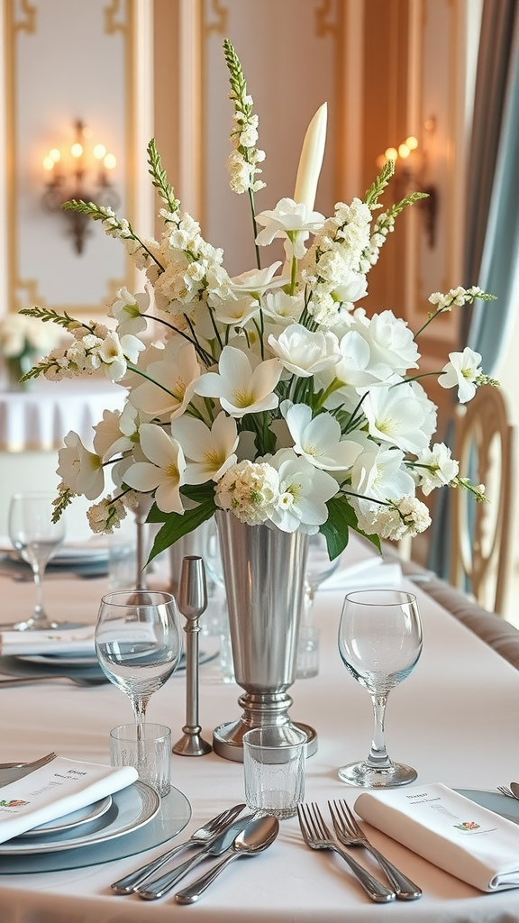 Elegant centerpiece arrangement of white flowers in a silver vase on a dining table