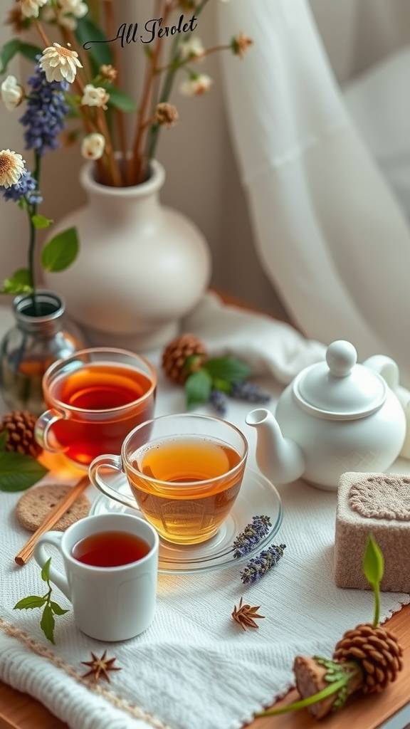 A serene tea setup with cups, a teapot, and flowers, perfect for relaxation.