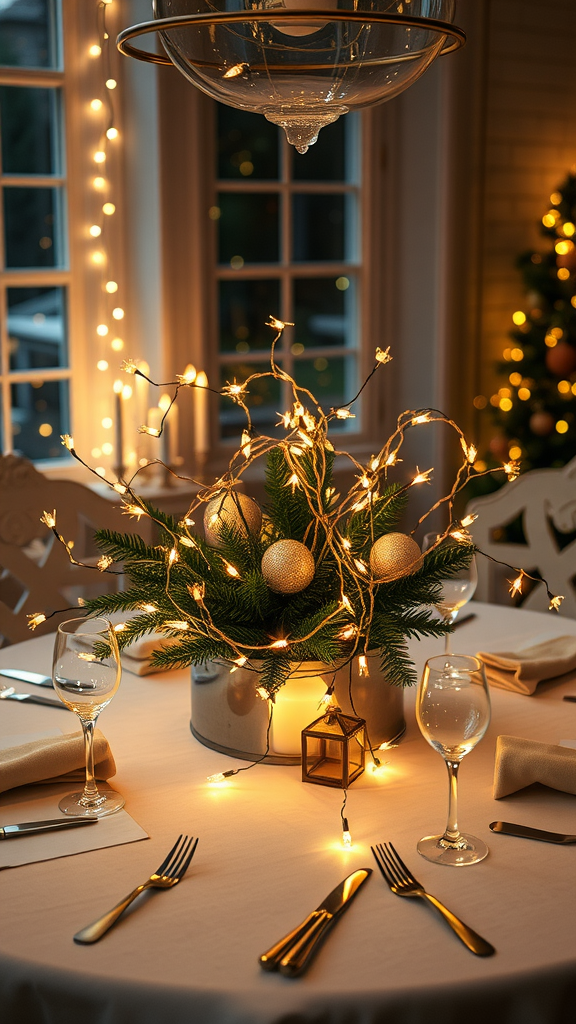 A beautifully decorated dining table with fairy lights and a festive centerpiece.