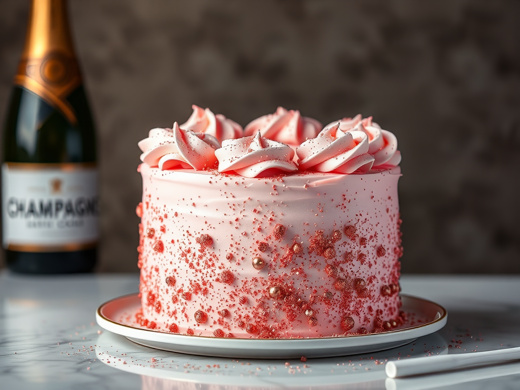 A beautifully decorated pink champagne cake with frosting and glitter accenting, beside a bottle of champagne.