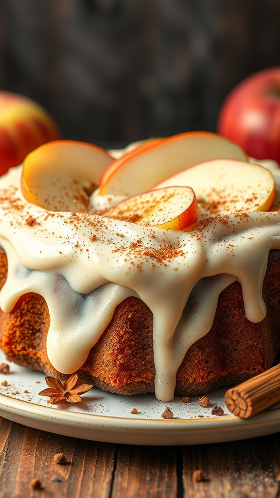 A spiced apple cake with cinnamon frosting, topped with apple slices and cinnamon, on a rustic wooden table.