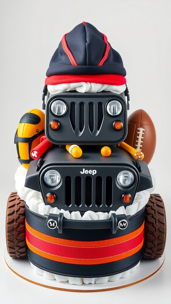 15 Creative Jeep-themed diaper cakes for Jeep Lovers Sporty Jeep diaper cake decorated with sports items