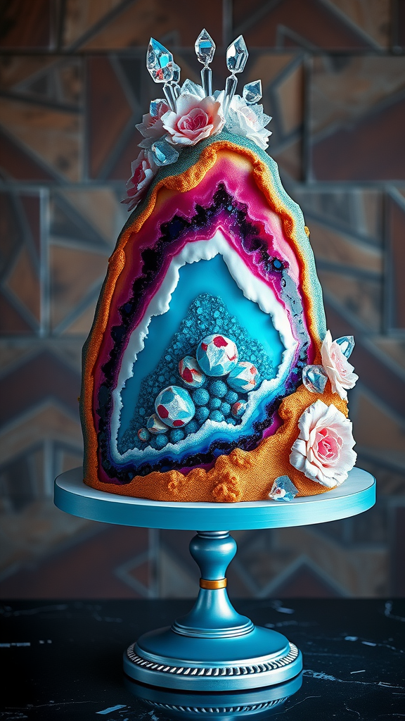 A beautifully crafted geode-inspired cake featuring layers of vibrant colors with floral decorations and sparkling crystals on top. Elegant Wedding Cakes