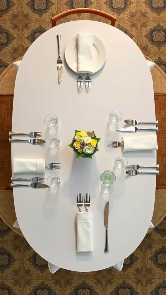 A stylishly arranged dining table with white tablecloth, elegant cutlery, and a colorful floral centerpiece.
