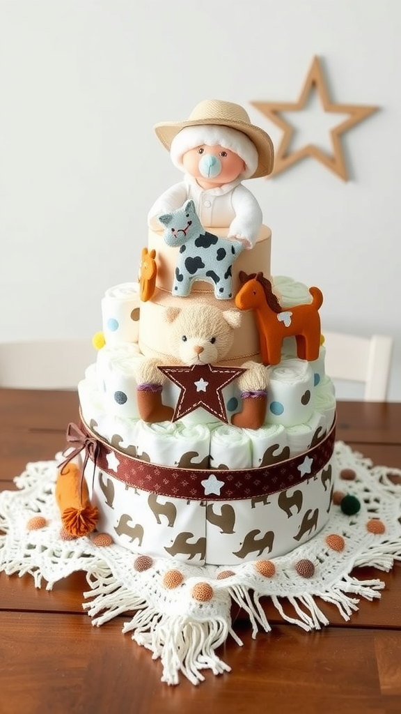 A cowboy-themed diaper cake with a doll in a cowboy hat and toy animals.