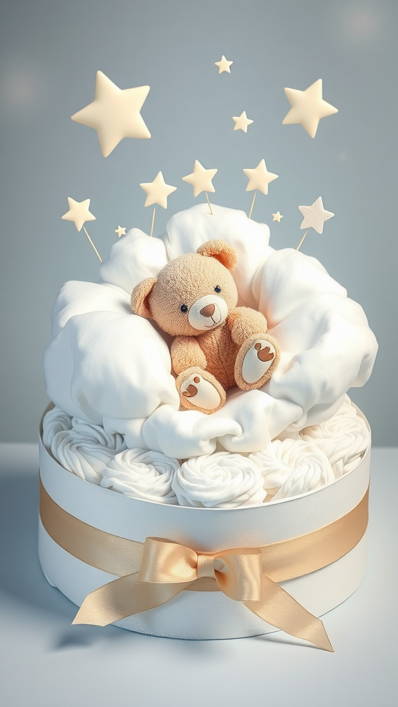 A teddy bear cake with a plush bear surrounded by white frosting and stars.