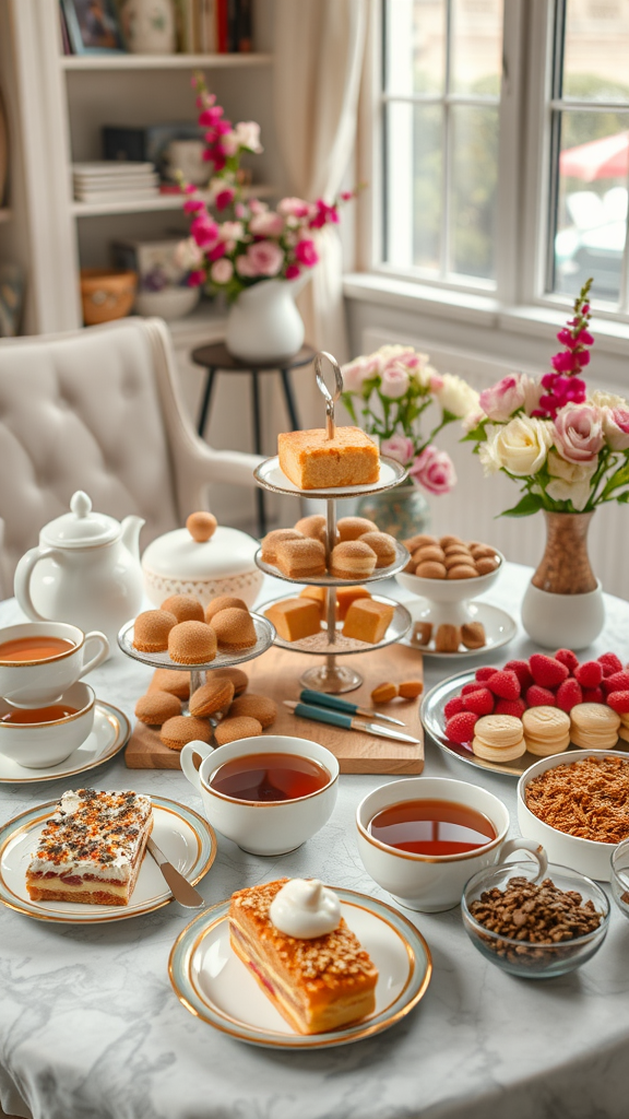A beautifully arranged table for a Mother's Day tea party featuring various desserts and tea.
