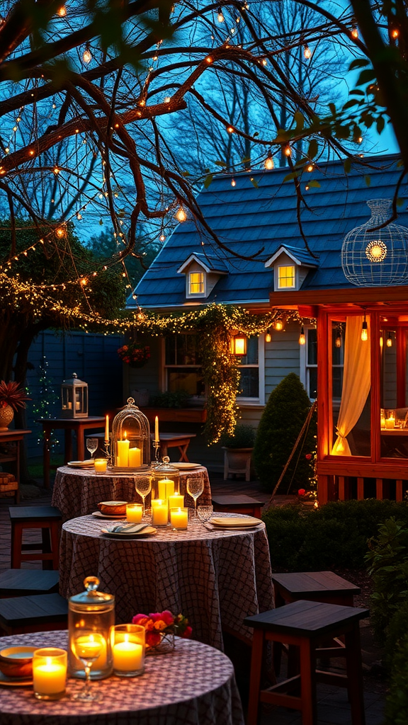 A beautifully arranged tea party setting under the stars with glowing candles and fairy lights.
