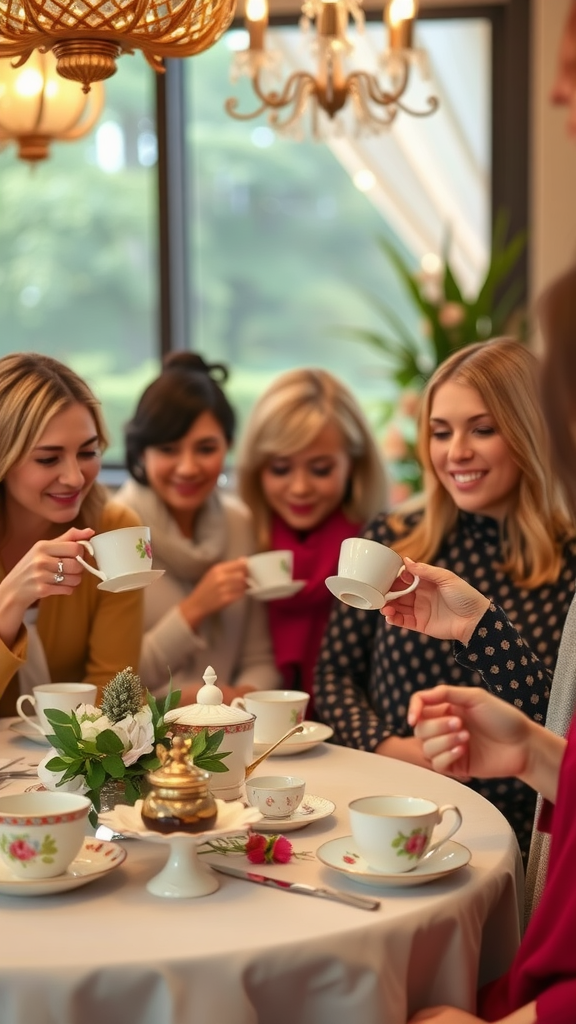 A group of friends enjoying a cheerful tea party, celebrating together with delicate tea cups and a beautifully arranged table. Mother's Day Tea Party Themes