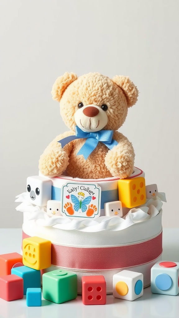 A cute teddy bear sitting on a diaper cake surrounded by colorful baby blocks.