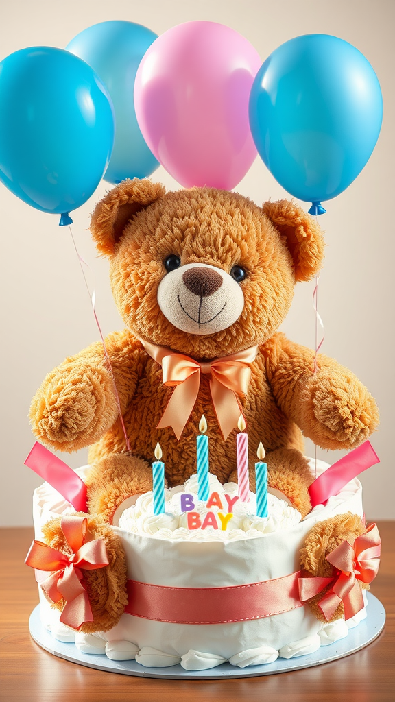 A teddy bear sitting on a cake with balloons and candles, celebrating a birthday.