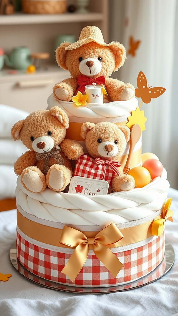 A decorative diaper cake featuring teddy bear plush toys and colorful elements, perfect for a baby shower.