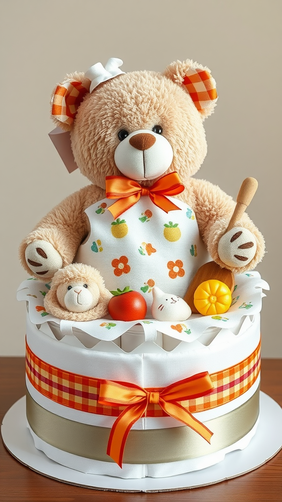 A cute teddy bear in an apron with a diaper cake decorated with food-themed plush items.