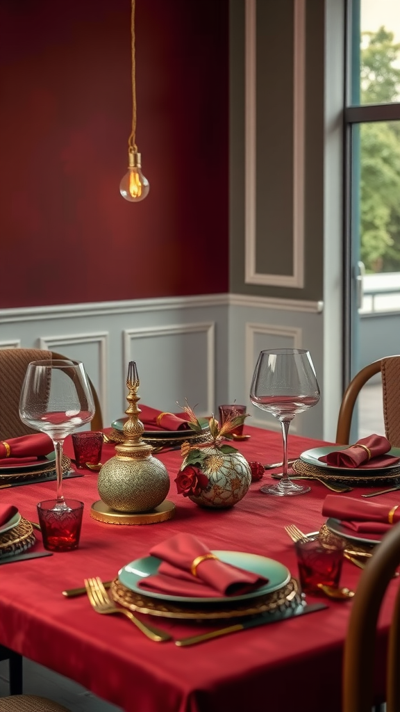Elegant Christmas dining table setup with red and gold decor