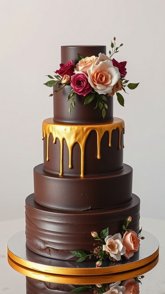 A beautifully decorated tiered chocolate cake with gold drip and floral accents