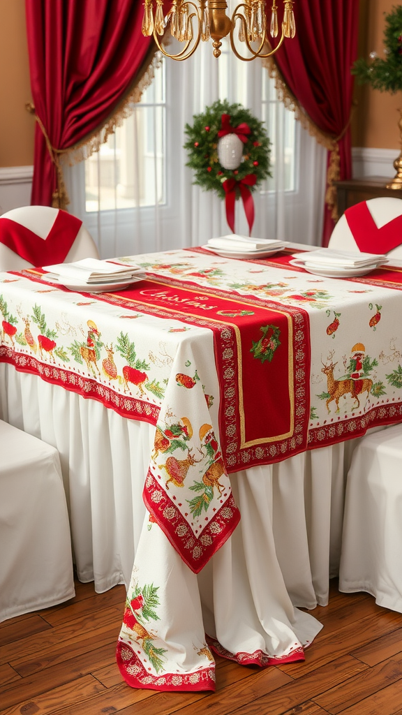 Traditional Christmas table linen with red and white design featuring reindeer and seasonal decorations.
