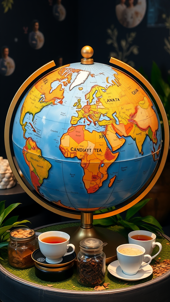 A globe highlighting tea-producing regions with tea cups and jars in front.