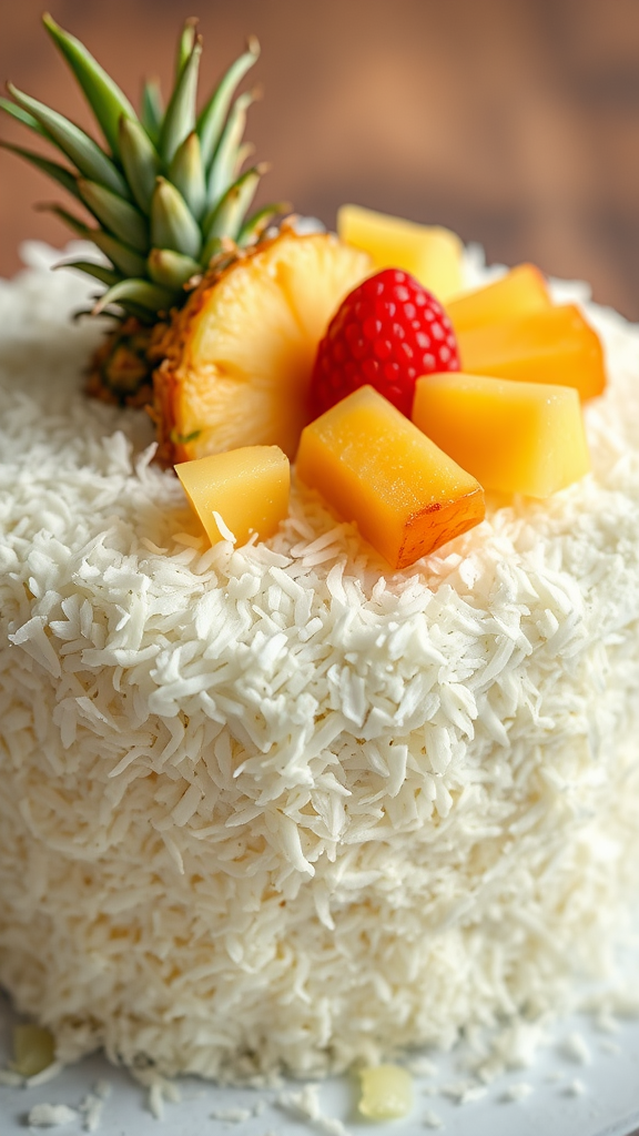 A beautifully decorated Tropical Coconut Cake topped with pineapple, mango, and raspberries. zero birthday cake