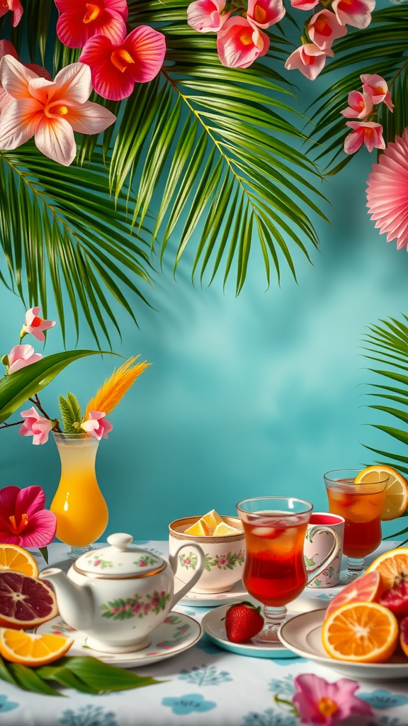 A tropical tea setup featuring colorful flowers, a teapot, and refreshing drinks with fruit slices.