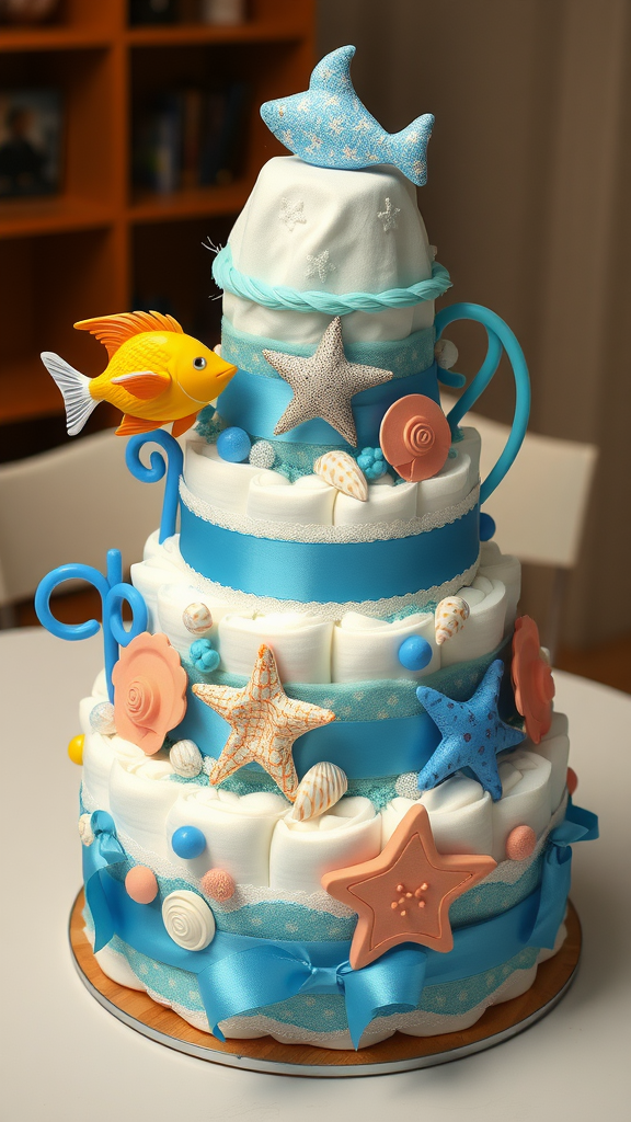 A beautifully decorated Under the Sea baby cake with ocean-themed decorations including a fish and starfish.