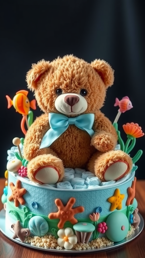 A teddy bear on top of a colorful cake decorated with underwater themes.