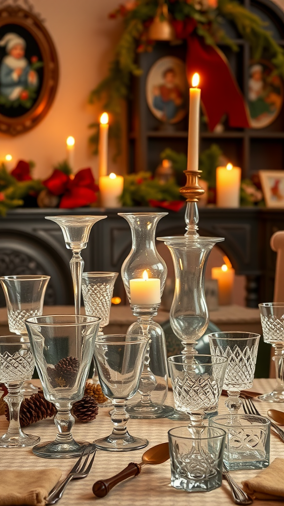 A beautifully arranged vintage glassware display with candles and pinecones for a festive dining setting.