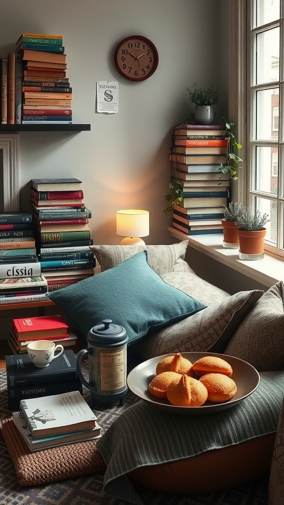 Cozy reading nook with vintage books, tea, and pastries. Afternoon Tea Theme Ideas