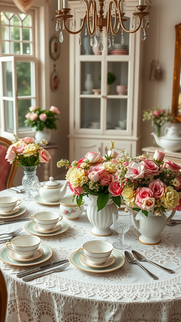 A beautifully arranged vintage tea party table with floral centerpieces and delicate china.